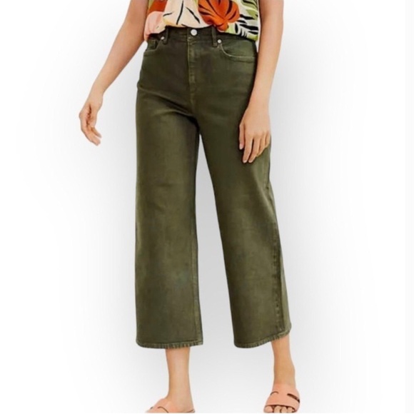 LOFT 0 (25) Wide Leg Pants Jeans High Rise Cropped Olive Green Stretch 2022 - Picture 10 of 10